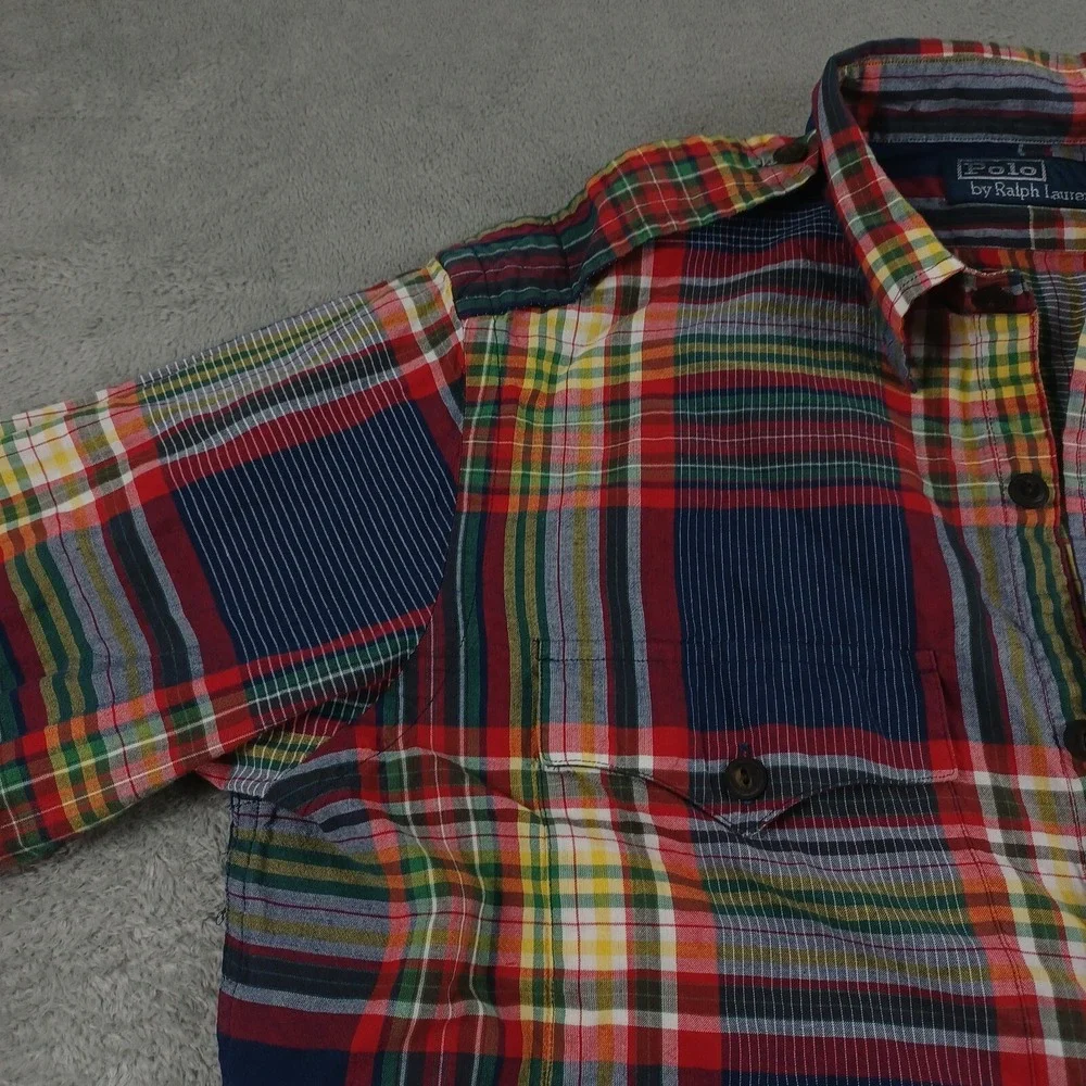 Vintage Polo Ralph Lauren Shirt Mens Medium Red Military‎ Epaulets Plaid 90s